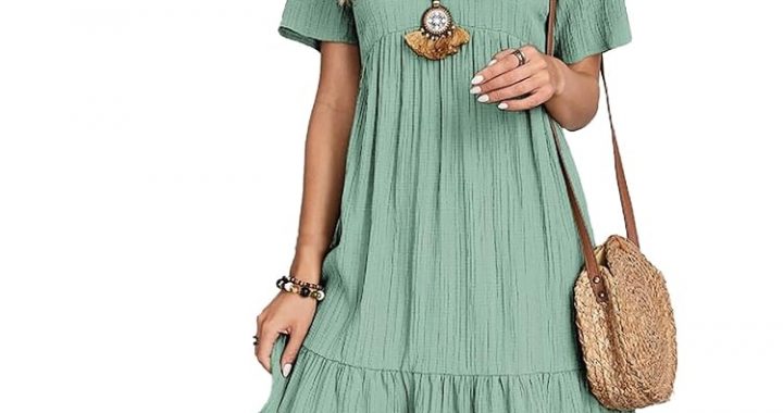 Damen-Sommerkleid, lockere Passform, lässiges T-Shirt Kleid, V-Ausschnitt, Kurzarm, Rüschensaum