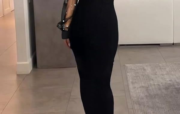 Damen-Kleid, durchsichtig, Netzstoff, lange Puffärmel, figurbetontes Kleid, Stehkragen, durchsichtig, langes Kleid, sexy P…