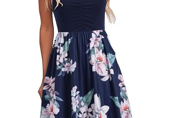 Damen Sommer Spaghettiträger Kleid V-Ausschnitt Geraffte Vorderseite Blumenmuster Casual Sonnenkleider mit Taschen