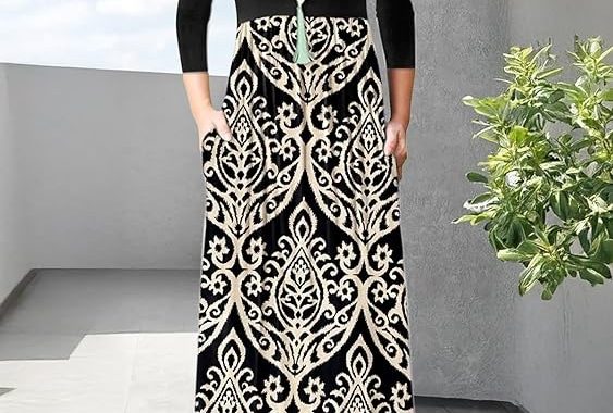 Damen Maxikleider mit 3/4-Ärmeln, lässig, locker, lang, mit Tasche