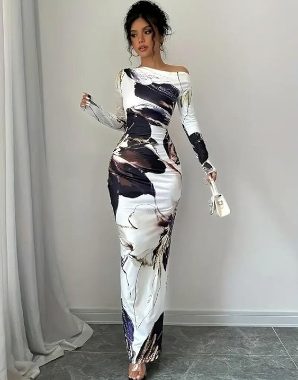 Damen Langarm One Shoulder Tie Dye Maxikleid Casual Elegant Knöchellang Outfit