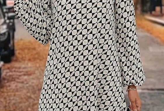 Damen Kleid 2025, langärmelig, Allover-Print, Laternenärmel, knielang, Herbst, fließend, lässig, kurze Kleider