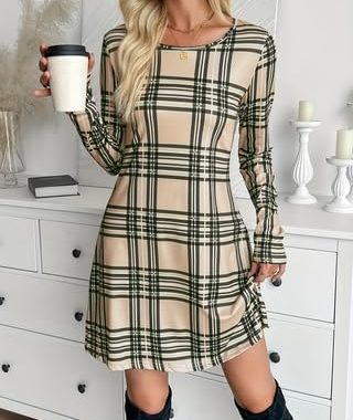 Damenkleid, Vintage-Stil, kariert, Rundhalsausschnitt, lange Ärmel, A-Linie