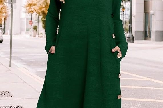 Langärmeliges Tunika-Kleid für Damen, Herbst-Outfits mit Taschen und Knöpfen