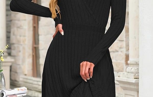 2025 Damen Casual Langarm Herbst Kleid V-Ausschnitt Hohe Taille Strickkleider