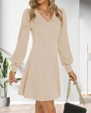 Damen-Pulloverkleid, V-Ausschnitt, langärmelig, fließend, kurz, Freizeitkleid