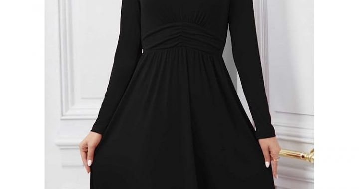 Lässiges Damenkleid für Damen, Herbst, Winter, langärmelig, V-Ausschnitt, plissiert, A-Linie, Partykleid