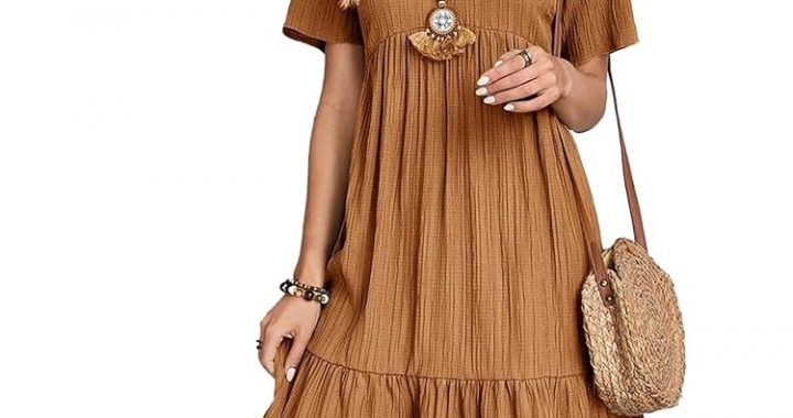 Damen-Sommerkleid, lockere Passform, lässiges T-Shirt Kleid, V-Ausschnitt, Kurzarm, Rüschensaum