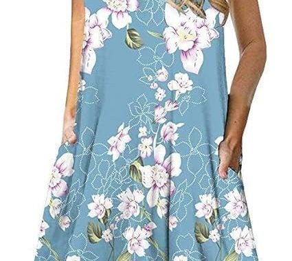Damen Blumendruck Ärmelloses Sommerkleid Casual Loose Swing mit Taschen