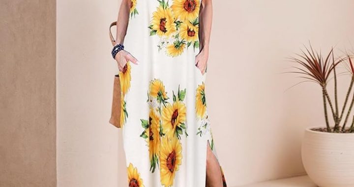 Maxikleid mit Blumenmuster für Damen, V-Ausschnitt, kurzärmelig, lässig, lang, mit Taschen und Seitenschlitz