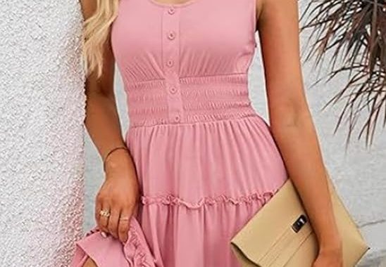 Ärmelloses, gestuftes, lässiges Sommerkleid für Damen, Knopfleiste vorne, gesmokte Taille, fließendes Sommerkleid