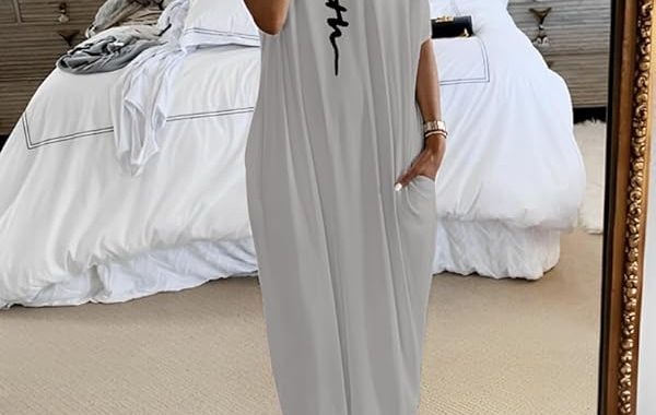 Damen Schulterfreies Maxikleid mit Buchstabendruck, kurzärmelig, gerade, lockere Passform, mit Tasche, lässiges langes Kle…