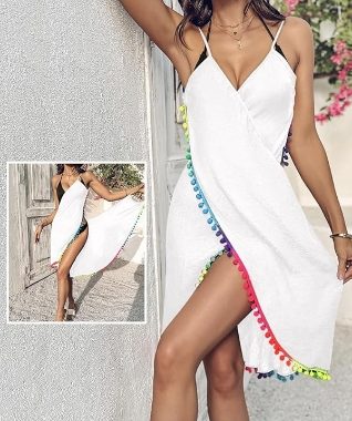 Ärmelloses Midikleid mit tiefem V-Ausschnitt, Spaghettiträger, Bommel-Dekor, überkreuztes Überziehen