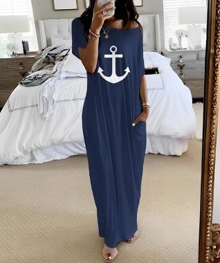 Maxikleid mit Anker-Druck, schulterfrei, kurzärmelig, lässiges Taschendesign, lockere Passform