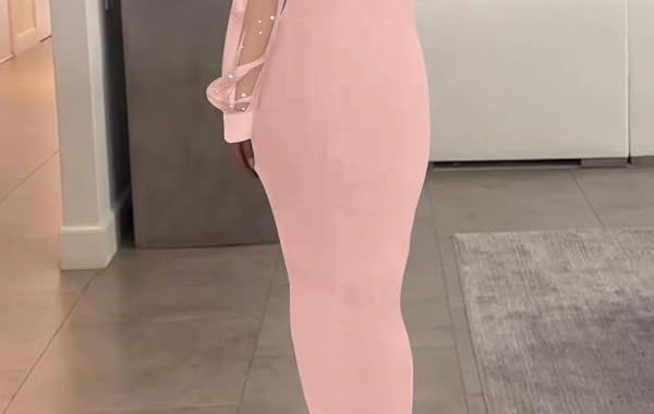 Damen-Kleid, durchsichtig, Netzstoff, lange Puffärmel, figurbetontes Kleid, Stehkragen, durchsichtig, langes Kleid, sexy P…