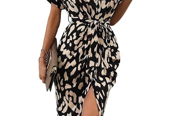 Damen Kleid mit Leopardenmuster, kurzärmelig, Knopfleiste, Gürtel