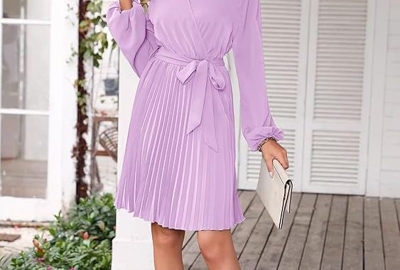 Herbstkleid für Damen 2025, elegant, klassisch, Sommer, Puffärmel, Wickelkleid, V-Ausschnitt, fließend, plissiert, A-Lini…