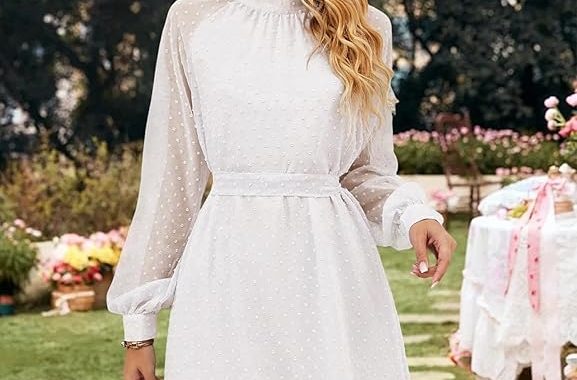 Sommerkleid für Damen, 2025, lässiges Minikleid, Schweizer Punkte, Party mit Gürtel, hoher Halsausschnitt