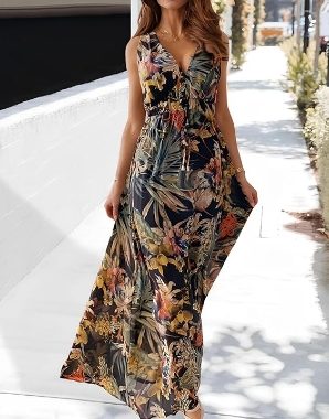 Damen Sommerkleid Sexy V-Ausschnitt Maxikleider Ärmellos Boho Blumendruck Strandkleid, rückenfrei, langes Sommerkleid