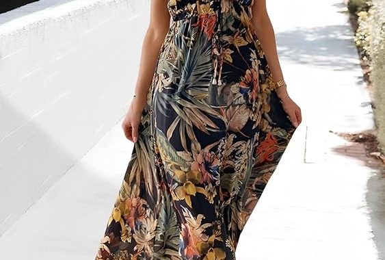 Damen Sommerkleid Sexy V-Ausschnitt Maxikleider Ärmellos Boho Blumendruck Strandkleid, rückenfrei, langes Sommerkleid