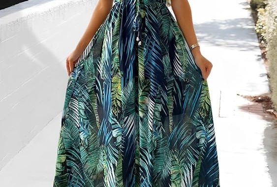 Damen Sommerkleid Sexy V-Ausschnitt Maxikleider Ärmellos Boho Blumendruck Strandkleid, rückenfrei, langes Sommerkleid
