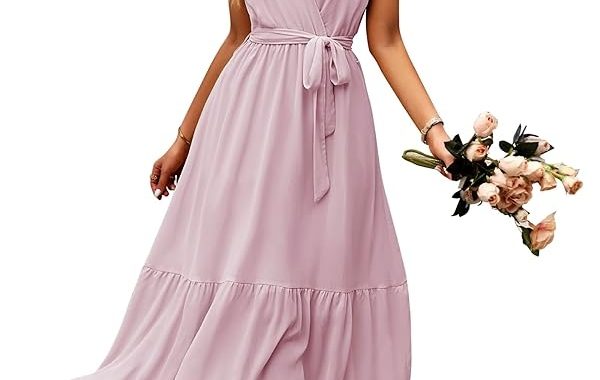 Damen Sommer Blumenkleid Wickelkleid V-Ausschnitt Kurzarm Gürtel Rüschen Strand A-Linie Bohemian Maxikleider