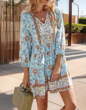 Damen Boho Minikleid Sommer Blumen 3/4 Langarm V-Ausschnitt Flowy Lose Casual Strandkleider