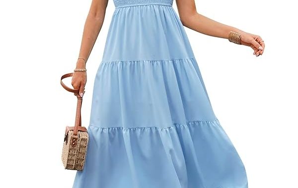 Damen Sommer Casual Flatterärmel Rundhalsausschnitt gesmoktes Maxikleid gestufte Rüschen fließende A-Linie lange Kleider