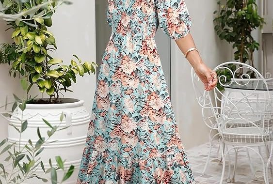 Sommer Boho gesmoktes Maxikleid für Damen 2025, lässig, halbe Ärmel, quadratischer Ausschnitt, A-Linie, gestufte Rüschen, …