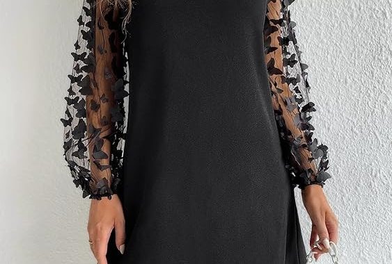 Damen Sheer Mesh Lange Bishop Ärmel Kleid Elegant Kurze Kleider