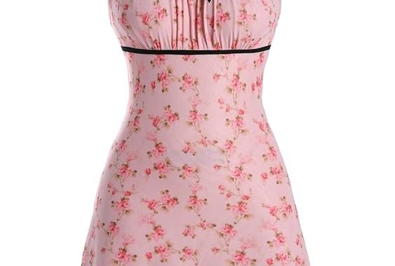 Damen-Kleid, Schleife, Knoten, gerüscht, kurz, Blumenmuster, Spaghettiträger, Sommerkleid, Cami-Kleid