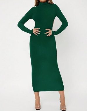 Damen Mock Neck Rückenfrei Bodycon Kleid Langarm Lange Bleistift Kleider