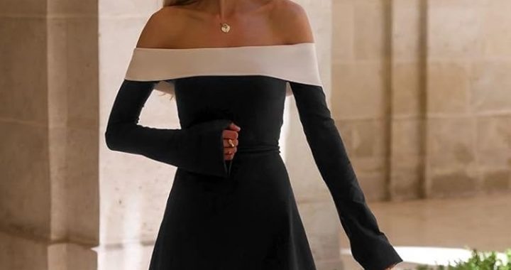 Schulterfreies Damenkleid, gerüscht, langärmelig, Sommer, Strand, Urlaub, figurbetontes Kleid