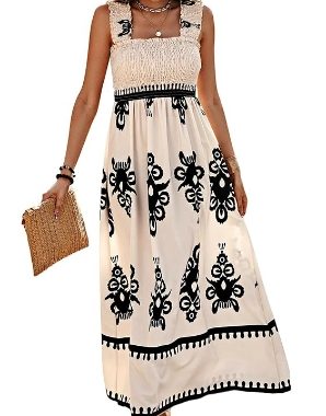 Damen-Sommerkleid, gesmokt, ärmellos, fließend, Tribal-Druck, Boho, Urlaub, Sommer, Maxi-Sommerkleid