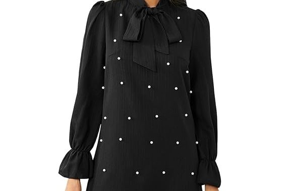 Damen Kleid mit Perlen zum Binden, Volant, lange Ärmel, A-Linie, kurze Kleider