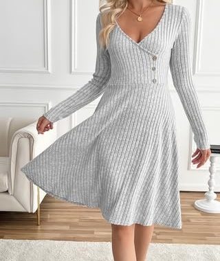 Damen Langarm Knopf Hemdkleid Casual Tie Waist Midi Kleider