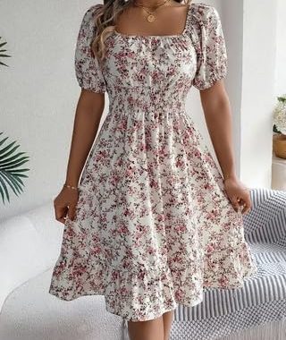 Damenkleid mit Blasen-Ärmeln, Blumenmuster, Freizeit, Urlaub, Kordelzug, Sommer, quadratischer Ausschnitt