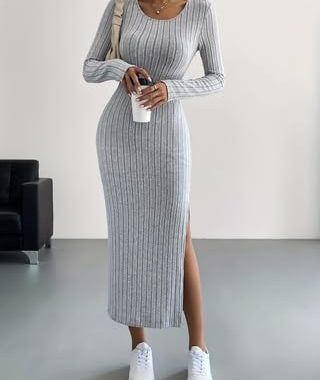 Damen Sommer Langarm Maxikleid Rundhals Trendy Lose Casual Kleider