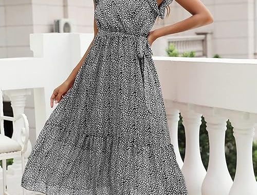 Damen-Sommerkleid 2025, lässig, Blumen-Sommerkleid, Boho-Kleid, fließend, V-Ausschnitt, Rüschen, A-Linie, plissierter Sau…