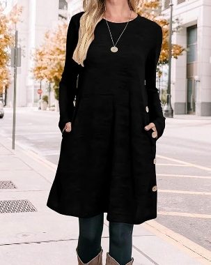 Langärmeliges Tunika-Kleid für Damen, Herbst-Outfits mit Taschen und Knöpfen