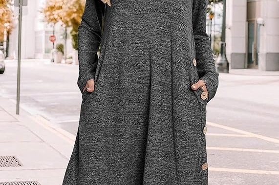Langärmeliges Tunika-Kleid für Damen, Herbst-Outfits mit Taschen und Knöpfen