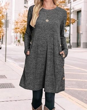 Langärmeliges Tunika-Kleid für Damen, Herbst-Outfits mit Taschen und Knöpfen