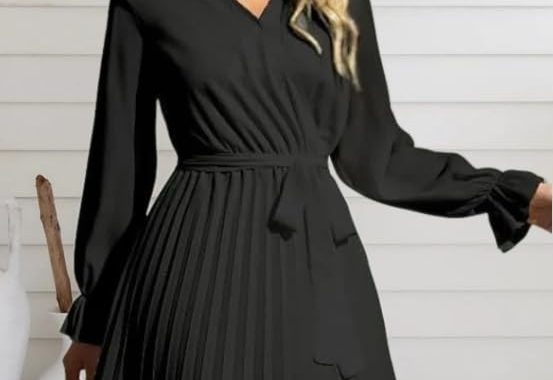 Kleid für Damen, langärmelig, lässig, tiefer V-Ausschnitt, Taillenbindung, schwingend, plissiert, Hochzeitsgäste, Mini-Kle…