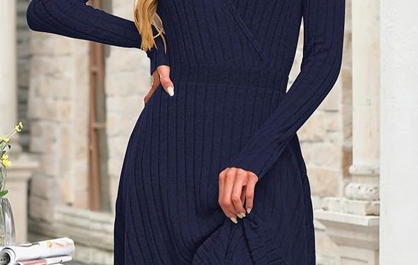 2025 Damen Casual Langarm Herbst Kleid V-Ausschnitt Hohe Taille Strickkleider