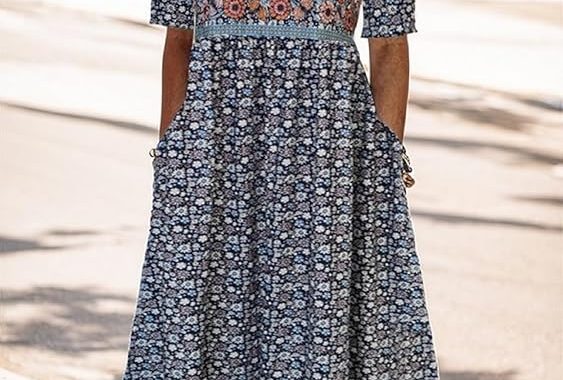 Damen-Sommerkleid, Boho-Kleid, Blumendruck, Midi-Kleid, fließend, A-Linie, lässig, kurzärmelig, Strandkleid, mit Taschen