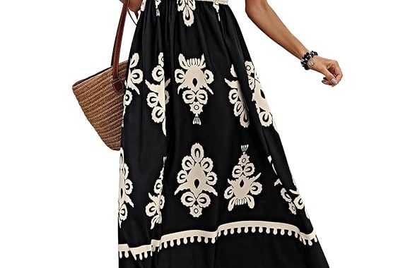 Damen-Maxikleid, gesmokt, ärmellos, fließend, Tribal-Druck, Sommer, Boho, Urlaub, Sommerkleid