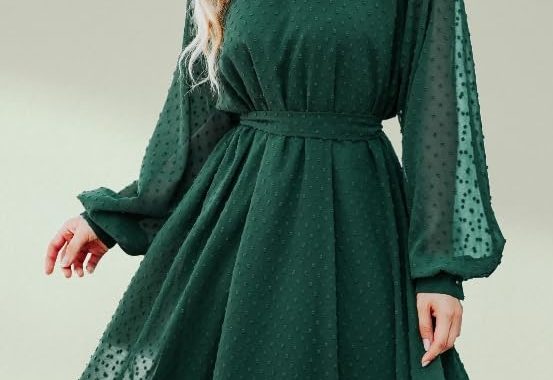 Sommerkleid für Damen, 2025, lässiges Minikleid, Schweizer Punkte, Party mit Gürtel, hoher Halsausschnitt