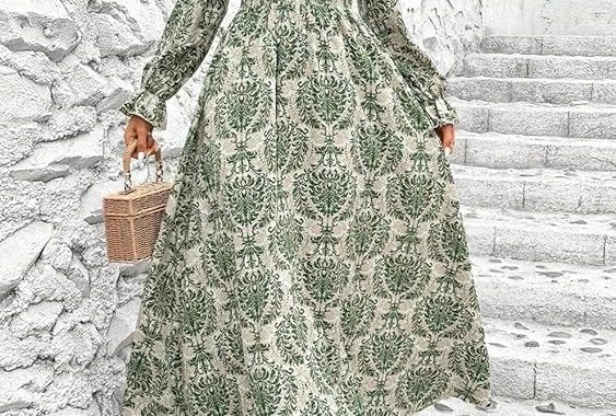 Damenkleid mit V-Ausschnitt, bedruckt, langärmelig, elegant, hohe Taille, lässig, A-Linie, Swing-Kleid für den täglichen G…