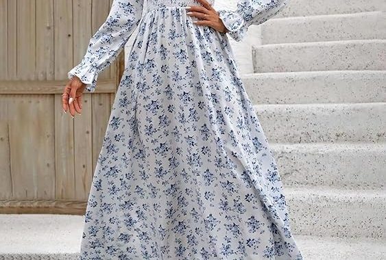 Damenkleid mit V-Ausschnitt, bedruckt, langärmelig, elegant, hohe Taille, lässig, A-Linie, Swing-Kleid für den täglichen G…