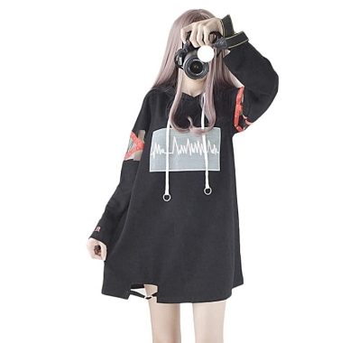 Himifashion Harajuku Damen-Kleid, lässig, modisch, Patchwork, locker, langärmelig, mit Kapuze